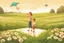 Placeholder: a father, a girl and a boy with a kite flying in the sky on the green field with flowers in sunshine