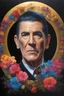 Placeholder: Count Dracula's face inside a small gold circle, Leonard Nimoy/Henry Cavill/Michael Jackson, multicolored, large, Floral/rainbow designs, atmospheric, beautiful, bright, vibrant colors, pitch-black background, oil painting by Boris Vallejo, 4k UHD, Photorealistic, professional quality