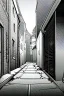 Placeholder: girl in an alley, wide angle view, greyscale