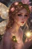 Placeholder: Blonde hair ,Pink dress,Sparkling fairy wings,Very long golden hair,Fairy crown,pointed ears,elven ears,fairy wings,water lilies,sparkling,glittering,flowers,blossoms,golden crown,light pink dress