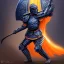 Placeholder: a fierce warrior in full navy blue and orange battle armor, with an S shaped shield, a highly detailed illustration, background of Inka jungle, realistic render, 8 k, micro detail, intricate, elegant, centered, digital painting, Artstation, smooth, sharp focus, illustration, artgerm, tomasz alen kopera, peter mohrbacher, donato giancola, joseph christian leyendecker, wlop, boris vallejo