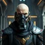 Placeholder: star wars bald male corellian jedi wearing gunmetal grey and black old republic armored flightsuit and breath mask with gold and metallic red trim inside the jedi temple, centered head and shoulders portrait, hyperdetailed, dynamic lighting, hyperdetailed background, 8k resolution, volumetric lighting, light skin, fully symmetric details