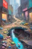 Placeholder: painting of a cyberpunk colourful natural walkway rubbish on the street in the city with pollution and a small bridge by a creek with electric sheep and androids by monet