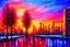 Placeholder: Cyberpunk City, sunset, trees, sci-fi, impressionism painting