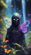 Placeholder: portrait of masked ninja dementor butterfly psychedelic interdimensional robot in the garden, waterfall and elves ,lotsa wild weed, in spotlight, magazine cover illustration with spray paint, signed, bokeh like, down-light, unreal engine, prize winning