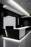 Placeholder: Reception desk with black walls, white floor, and hidden or rich lighting