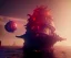 Placeholder: pirate ship, futuristic, metallic, laser cannons, lava ocean, alien planet