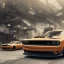 Placeholder: a true-to-life 2023 dark orange dodge challenger hellcat, 2-door, wide-body, pandem, rocket bunny, mopar, carbon fibre, drift car, classic hotrod wheels and rims, ultra realistic, professional artwork, concept art, dark background, extreme detailed, 8k, sharp focus, centered camera, pivot on dodge, art