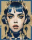 Placeholder: Poster in two gradually, a one side the Singer Danish MØ face, and other side the Singer Melanie Martinez face, symmetry, painting by Yoji Shinkawa, darkblue and gold tones,