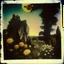 Placeholder: Polaroid photo of a peaceful marvelous landscape, trees, flowers, giant sun, very spooky figure, intricate, rock formations, atmosphere of a Max Ernst painting, Henri Rousseau, thoughtful, interesting, a bit appalling, smooth