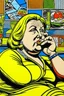 Placeholder: fat woman sitting on sofa listening to radio watching tv news in a room with signs of propaganda in the style of roy lichtenstein