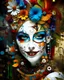 Placeholder: tBeautiful face of Ieuropean woman court jester 18th cenury with curt jeser hát steampunk gear ön that with palimpsest multicolour court jester make up on masqued collage abstract, a portion of her face is smile ltattoed white ink art, and a portion of her face is stylish flowers colourful rusty grunge flowers print, a portion of her face is ivoy carved abstaract tattoed black and ivory white and ebony qnd court jester make up with a half smile on rosewood ink ink art jester lace effected facema