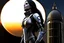 Placeholder: A slim Woman With Black shoulder length hair, Wearing a silver and black space suit, with no helmet, standing sot the right, sideways on a ledge of a building, with a moon Behind Her Head, towering spires and buildings highlighted by the setting sun