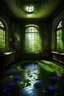 Placeholder: fantasy, gothic, vintage , fairy room ,open area without a wall,colorful petunia, lots of greenery, moss, ivy, morning light, near a stream, pond, blue wisteria, photorealistic painting, high detail, hyperdetalization, megarealism, surrealism, fractal, filigree, botanical fantastik, beautiful, aesthetically pleasing, saturated, exquisite, magically, gently, clear details