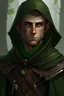 Placeholder: male wood elf, brown skin. Hooded Black armor. Green eyes. Green ring, Bow on back