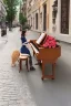 Placeholder: One single mature cat lady playing piano on the street, Vienna, fiacre, friendly, model style, hyper realistic, extremely accurate, delicate, extremely detailed, Graphic novel style, wide-angle, open aperture, superfine pencil