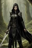 Placeholder: more realistic picture ,Young female elf, very beautifull, standing and holding two daggers, show her whole body, standing, she is medium long with black long hair, DARK GREY SKINNED OR LIGHT BLACK LIKE DROW ELF, her eyers are silver shiny, very dark black leather armors on her, and dark brown cape, fantasy, make good hero picture