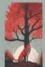 Placeholder: in a cosy vintage style, a wolf marvels at a red tree