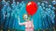 Placeholder: Bubble Wonderland, A figure is holding a mirror that reflects their hidden expression, gouache, mirrored foil, red ballon, primitive, symbolism