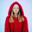Placeholder: Lily rosedepp,avec un long pull a capuche en angora rouge jusquaux, polaroid, elle a les yeux fermés et les joues bleues, des grains de beauté
