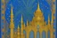 Placeholder: an open gothic_Arab gate in a blue-and-gold-tiled wall with a view of an old city by artist "Beardsley",by artist "Rackham",by artist "Bertha Lum",by artist "Dulac",by artist "Erte"