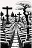 Placeholder: landscape, Japanese open air flat cemetery with thousand gravestones, high detail, manga style, grayscale