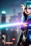 Placeholder: Futuristic anime elf, portrait from waist up, physically fit, latex and leather attire, blue eyes, pastel hair, intricate eyeliner, vibrant eyeshadow, clear completion, soft lighting, 4k resolution, intricate details, insanely detailed, colorful cityscape background, masterpiece, expert, cinematic smooth, retroanime style, realistic details, no helmet