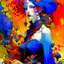 Placeholder: Art by Alice Rahon, Richard Burlet, Odilon Redon, Raymond Swanland, Andrey Remnev, Conrad Roset; Rebellious ravishing girl Rachel, regal in royal blue and ribuli, roaming through the radiant realm of the rainbow river valley with her ruby colored hair, meets a rare raven in a rolling hills of resplendent roses and rustling reeds, under a riotous reflective hues sky.