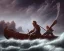 Placeholder: Charon the ferryman in his boat on the river Styx, red black purple colours, 8k, high definition, fantasy art, winding river, sharp jagged rocks, high contrast colours, sharp detail, lava river,