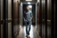 Placeholder: man in jeans and a shirt standing in a corridor of doors