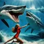 Placeholder: she open her mouth: the woman bites the back of the shark (crazy psychedelic high res photo by Ray Harryhausen) confident woman in a dynamic, cinematic pose is biting a colossal shark directly in the middle of its body, bites the shark around its fin. comedic tension as if the woman is “biting off more than she can chew.” Dramatic ocean lighting, splashes and water droplets frozen mid-air, wide-angle perspective to emphasize the shark’s enormous size.