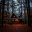 Placeholder: a warm welcoming cottage in a dark autumn forest