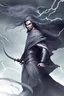 Placeholder: elf, male, with flowing grey robes, no armor, with two sabres, in the field, with a storm overhead, dynamic pose, lineart style