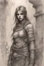 Placeholder: A stern girl warrior, in an ancient dungeon, broken columns, smoky lamps, semi-darkness, horror and fear, black pencil, sketch, Dmitry Kustanovich