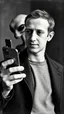 Placeholder: An old picture style of black and white and very bad quality old camera with cracks of Mark Zuckerberg holding an IPhone the year 1900 in the background an alien holding an iPhone too