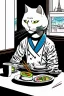 Placeholder: Cat, sitting at a table, eating sushi,perfect iris, ink and pencil, style Tintin