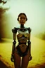 Placeholder: steampunk, vintage analog polaroid of a woman robot, female body, fog, lomography, heavy film grain, sun, color bleed, depth of field, bokeh, retro