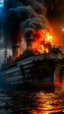 Placeholder: ,surrealism of the dark of a nightmare , hyper photorealistic, hyper detailed dark art color, high resolution, fog, octane render, tilt shift, HDRI Environment, all pictures dark gray, a submarine on fire