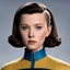 Placeholder: blonde Millie Bobby Brown as data from next generation, she as an almost plastic face and wears the iconic Star Trek uniform