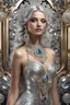 Placeholder: Full body photography ultra realistic portrait Luxury beauty of pretty young woman, beautiful, shiny hard eyes, make up, shiny baubles, ornate, large gemstones, shiny dress molten metalics, shiny filigree jewelrys, silver hair, high definition, high res,luxuru diamonds background,establishing shot