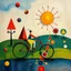 Placeholder: create a whimsical surreal artwork in the style of Joan Miró, symbolic non-human geometric figures on a bicycle, surrounded by floating abstract shapes, colorful triangles as trees, circles like cosmic symbols, a segmented sun dominating the sky, dreamlike vibrant palette with playful textures --ar 16:9 --v 7 --style 4b --q 2
