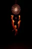 Placeholder: a dreamcatcher made of light, natural red tones, brown dirt ground long bottom, dark background