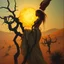Placeholder: A dramatic surreal painting of a dusty desert mesa at twilight. A mysterious feminine figure emerges from the shadow of twisted creosote branches, her form entwined with thorny vines climbing slowly toward a blazing, boiling sun. Her skin is ethereal and dangerous; as a hand reaches to touch her, blood drips from the fingers. The atmosphere is haunting, poetic, and mythological. Use a painterly, cinematic style, with golden oranges, deep reds, dusty browns, and shimmering highlights. --v 7 --sty