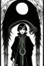 Placeholder: 7 year old boy, necromancer, friendly, looks dead,with a lamprey serpent , wearing black robes, in the style of Harry Clarke