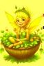 Placeholder: Fantasy art: A small, cute, cheerful fairy with golden hair, sitting in a small basket. The basket is actually an earring on the ear of a big giant.