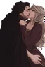 Placeholder: Couple from dnd passionate kiss, woman with white hair wearing a dress, man with long black hair tunic and red cloak.