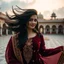 Placeholder: Photographic Long Shot View, Pakistani, Pashto, Cultural, Young, Extremely Beautiful Woman, Black Hair Whirling, Subtle Bold Expressions, Beautiful Eyes, & A Little Smile, Beautiful Cloudy Sunset, Wearing Maroon Velvet Dress With Golden Embroidery & Orange Banarasi Pattern & Maroon Dupatta With Golden Lace Work, Her Dress Whirling, In A Palace's Courtyard, With Cloudy Sunset Golden Hour Theme, Cinematic & Dramatic Ambiance.