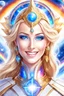 Placeholder: cosmic woman smile, admiral from the future, one fine whole face, crystalline skin, expressive blue eyes,rainbow, smiling lips, very nice smile, costume pleiadian, Beautiful tall woman pleiadian Galactic commander, ship, perfect datailed golden galactic suit, high rank, long blond hair, hand whit five perfect detailed finger, amazing big blue eyes, smilling mouth, high drfinition lips, cosmic happiness, bright colors, blue, pink, gold, jewels, realist, high,rainbow commander, intergalactic ufos