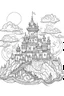 Placeholder: A spooky castle on a hill, surrounded by fog and illuminated by lightning. Outline, sketch style, only use outline, mandala style, clean line art, white background, no shadows, no clear wall, coloring page.