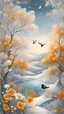 Placeholder: an art book with an illustration of birds in the tree and flowers, in the style of light silver and light amber, whimsical dreamscapes, american scene painting, aerial view, whimsical animals, snow scenes, glistening